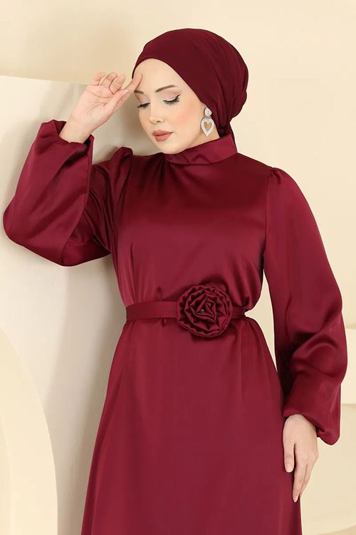 Gül Aksesuarlı Saten Abiye Bordo