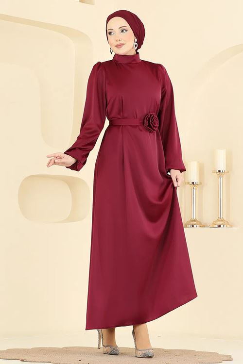Gül Aksesuarlı Saten Abiye Bordo