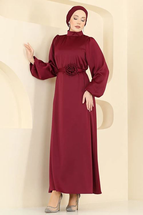 Gül Aksesuarlı Saten Abiye Bordo