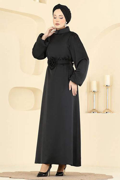 Gül Aksesuarlı Saten Abiye Siyah
