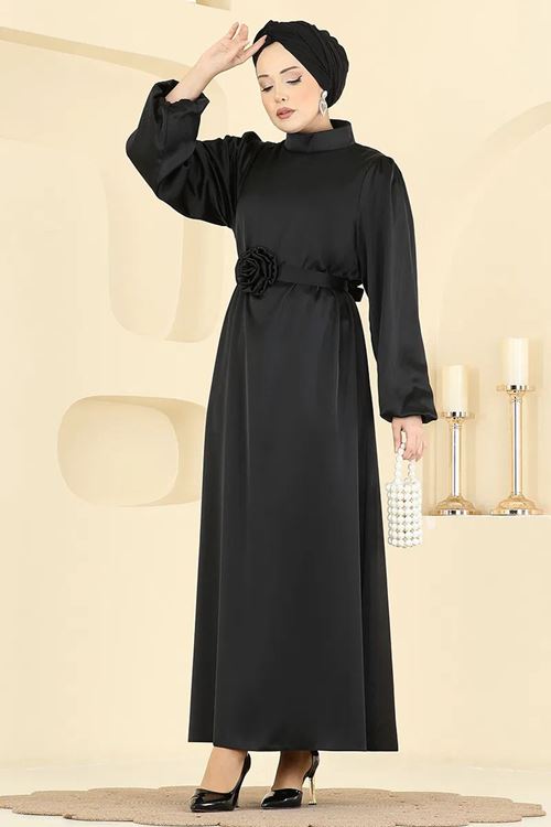 Gül Aksesuarlı Saten Abiye Siyah