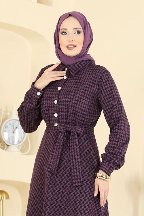 Düğme Detaylı Elbise Mürdüm