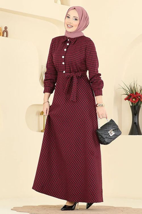 Düğme Detaylı Elbise Bordo