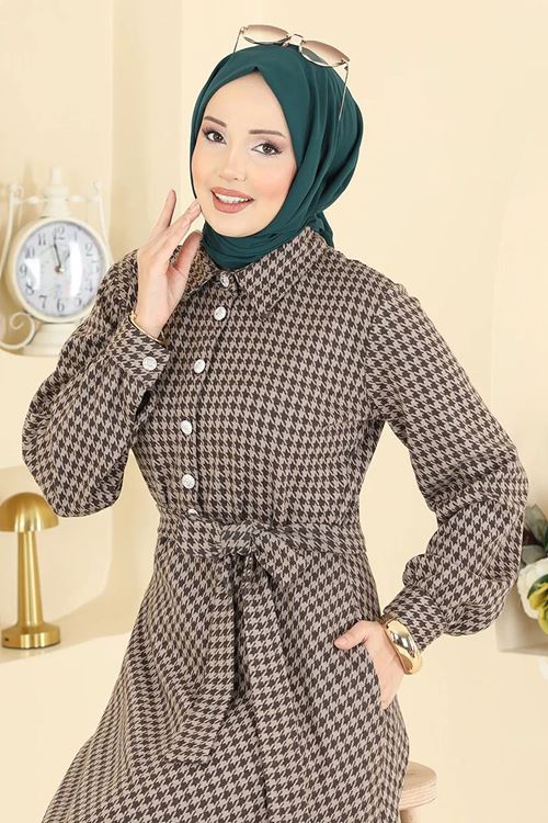 Düğme Detaylı Elbise Kahve