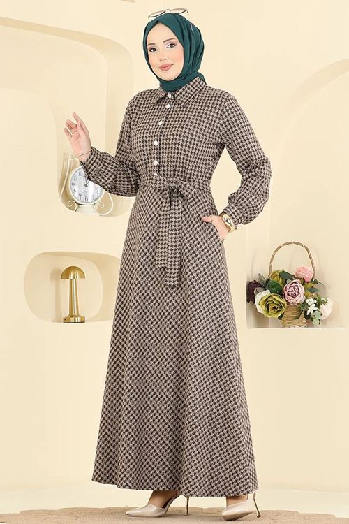 Düğme Detaylı Elbise Kahve