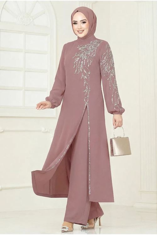 Taşlı Şık Takım Koyu Pudra Vizyon