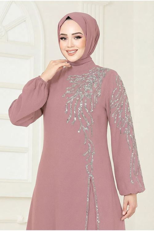 Taşlı Şık Takım Koyu Pudra Vizyon
