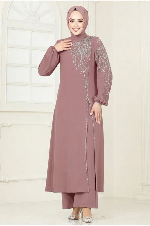 Taşlı Şık Takım Koyu Pudra Vizyon