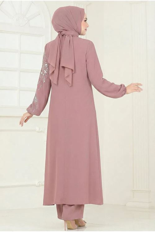 Taşlı Şık Takım Koyu Pudra Vizyon