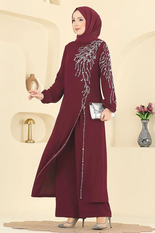 Taşlı Şık Takım Açık Bordo