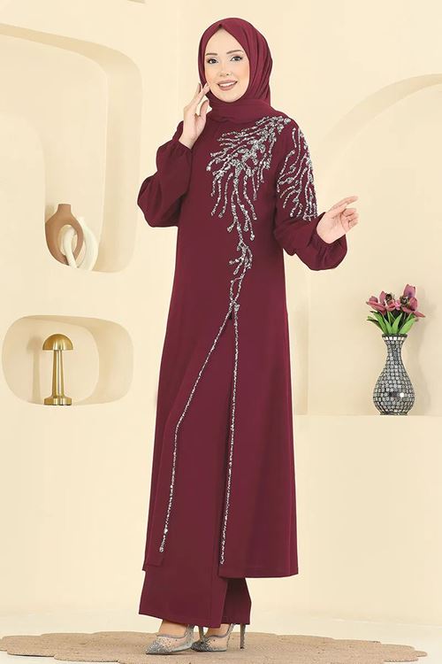 Taşlı Şık Takım Açık Bordo