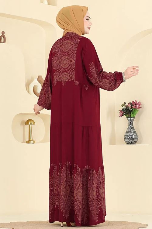 Desenli Viskon Elbise Bordo