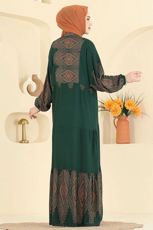 Desenli Viskon Elbise Zümrüt