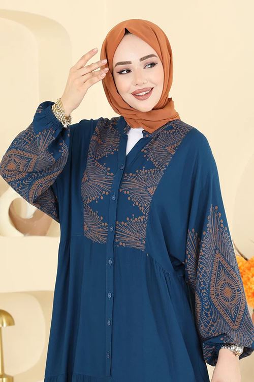 Desenli Viskon Elbise Petrol