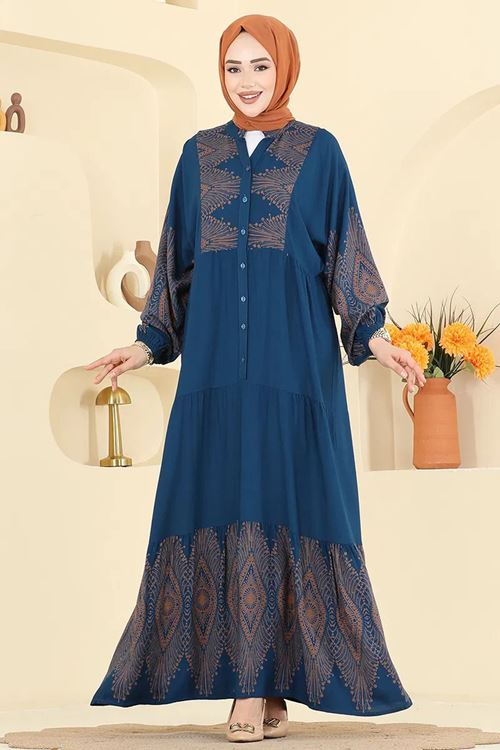 Desenli Viskon Elbise Petrol