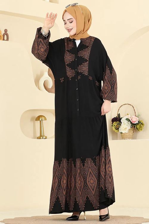 Desenli Viskon Elbise Siyah