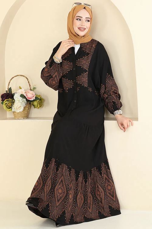 Desenli Viskon Elbise Siyah