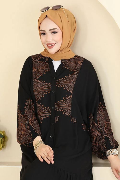 Desenli Viskon Elbise Siyah