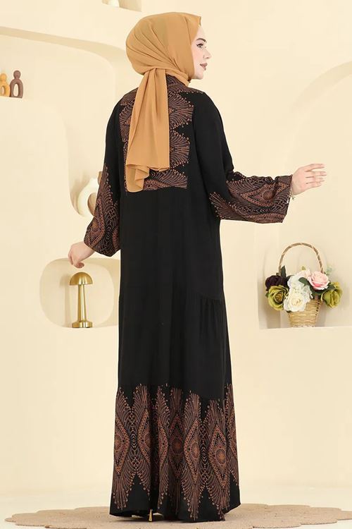 Desenli Viskon Elbise Siyah