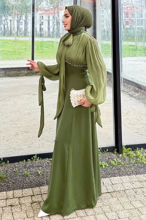 Taş Detaylı Abiye Yağ Yeşili