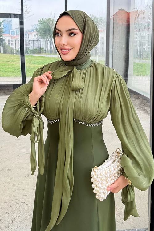 Taş Detaylı Abiye Yağ Yeşili