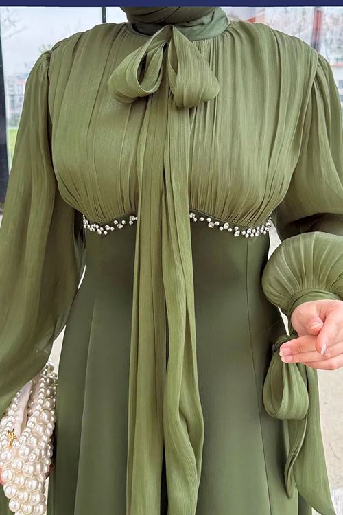 Taş Detaylı Abiye Yağ Yeşili