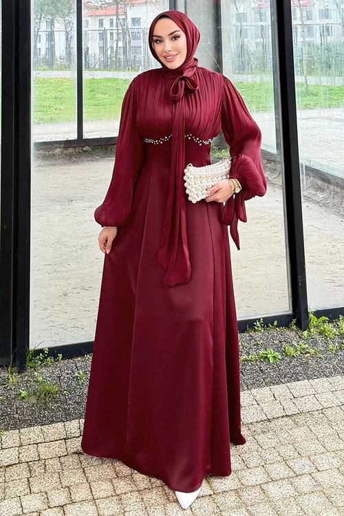 Taş Detaylı Abiye Bordo