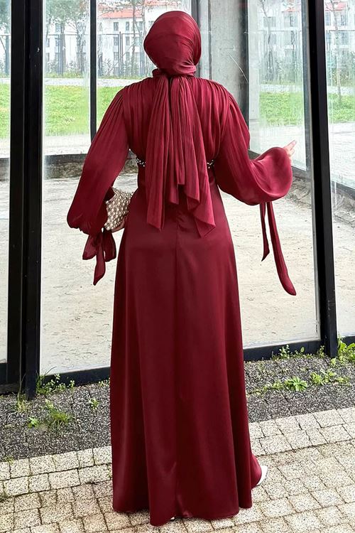 Taş Detaylı Abiye Bordo