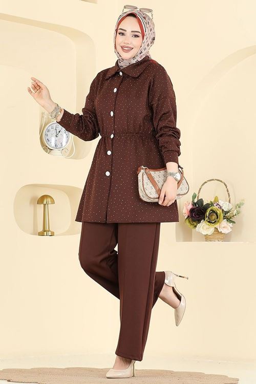 Beli Lastikli Taşlı Takım Kahve