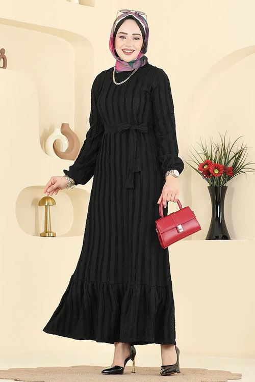 Kuşak Piliseli Elbise Siyah