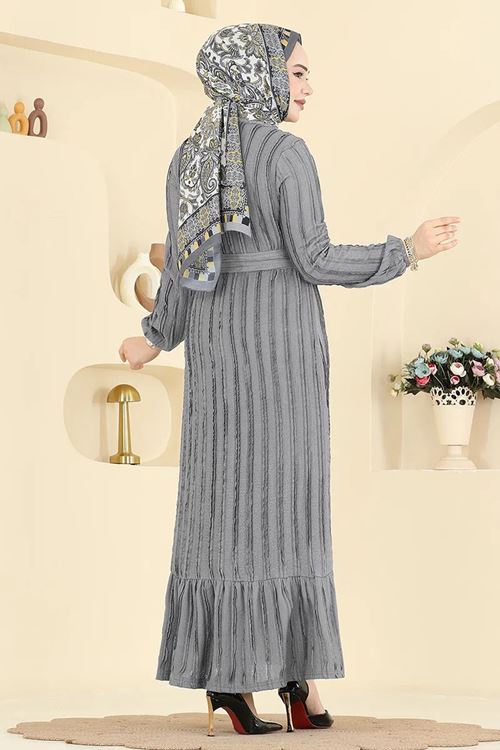 Kuşak Piliseli Elbise Gri