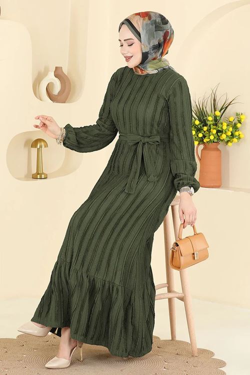 Kuşak Piliseli Elbise Haki