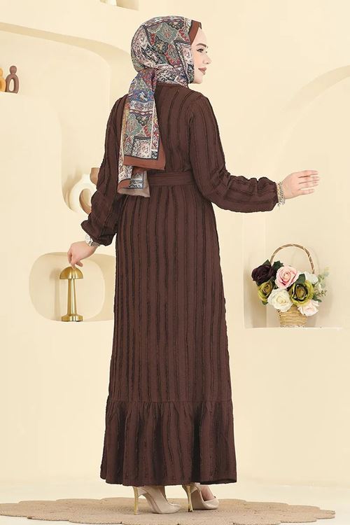 Kuşak Piliseli Elbise Kahve