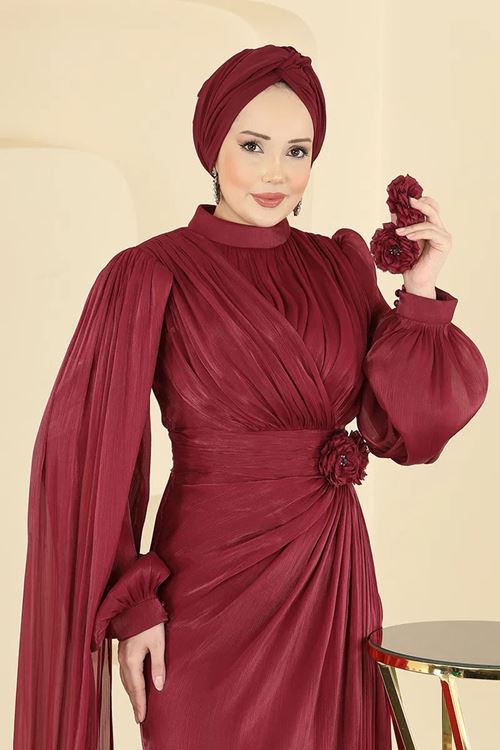 Çiçek Detaylı Abiye Bordo