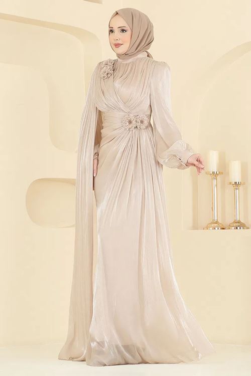 Çiçek Detaylı Abiye Krem