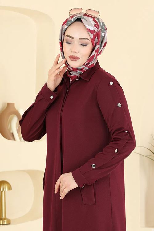 Düğmeli Örme Krep Ferace Bordo
