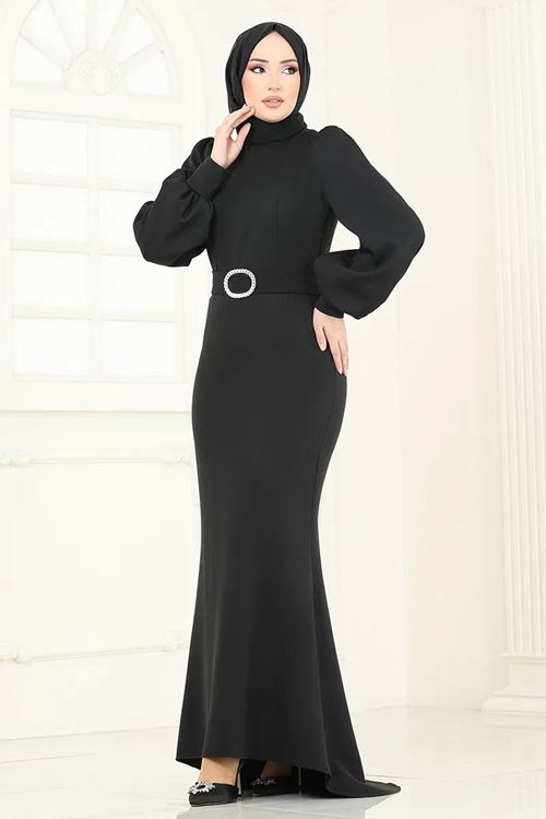 Balık Model Balon Kollu Abiye Siyah