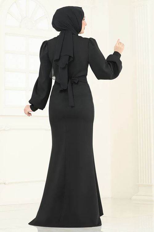 Balık Model Balon Kollu Abiye Siyah
