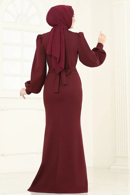 Balık Model Balon Kollu Abiye Bordo