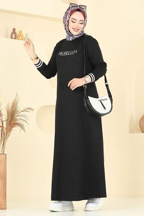 Baskılı Tesettür Elbise Siyah