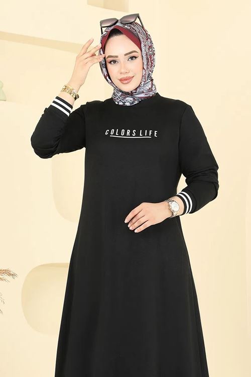 Baskılı Tesettür Elbise Siyah