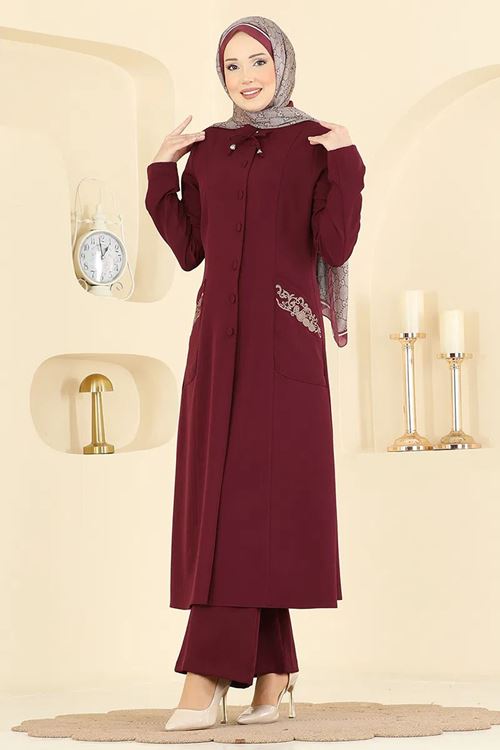 Nakışlı Detaylı 2 Li Takım Bordo