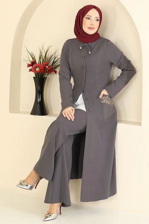 Nakışlı Detaylı 2 Li Takım Antrasit
