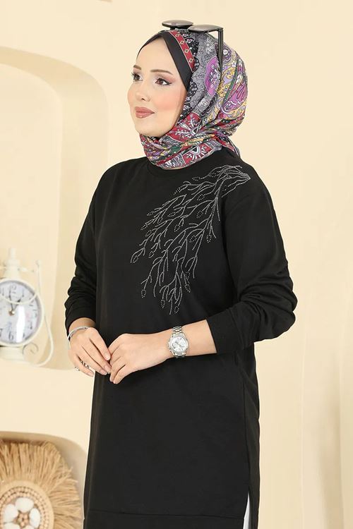 Yaprak Desenli Tunik Siyah