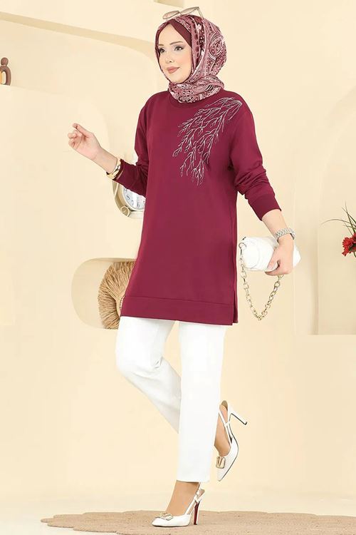 Yaprak Desenli Tunik Bordo