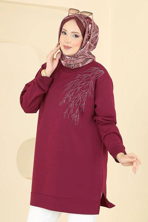 Yaprak Desenli Tunik Bordo