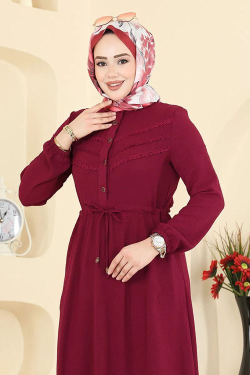 Beli Bağcıklı Elbise Bordo