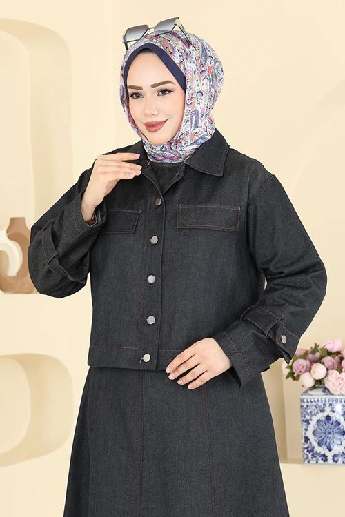 2 li Kemerli Takım Koyu Kot