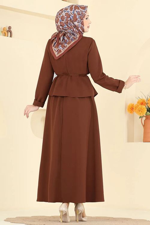 Broş Düğmeli Ceket- Etek Takım Taba