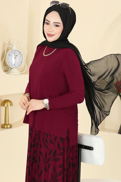 Desenli Etek Takım Bordo